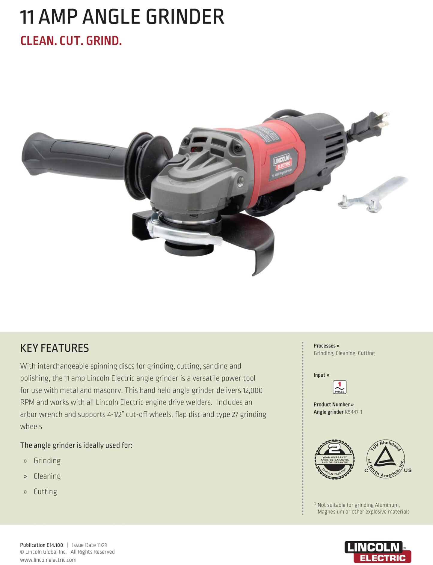 Lincoln Electric K5447-1 11 Amp 4.5in Angle Grinder with 10ft Power Cord