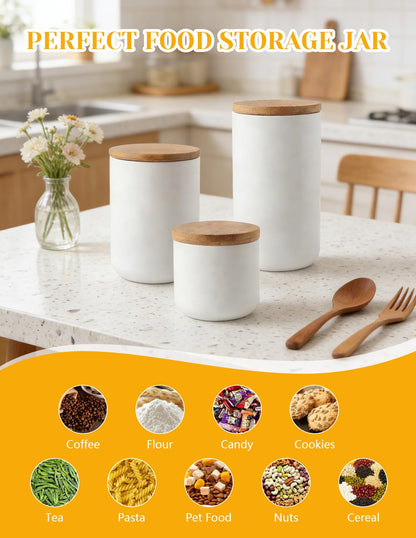 Ceramics Food Storage Jar Canister with Airtight Seal Bamboo Lid, Simple Style Kitchen Canister for Food Storage, Store Coffee, Sugar, Tea, Spices and More (White (8.79oz/260ml))