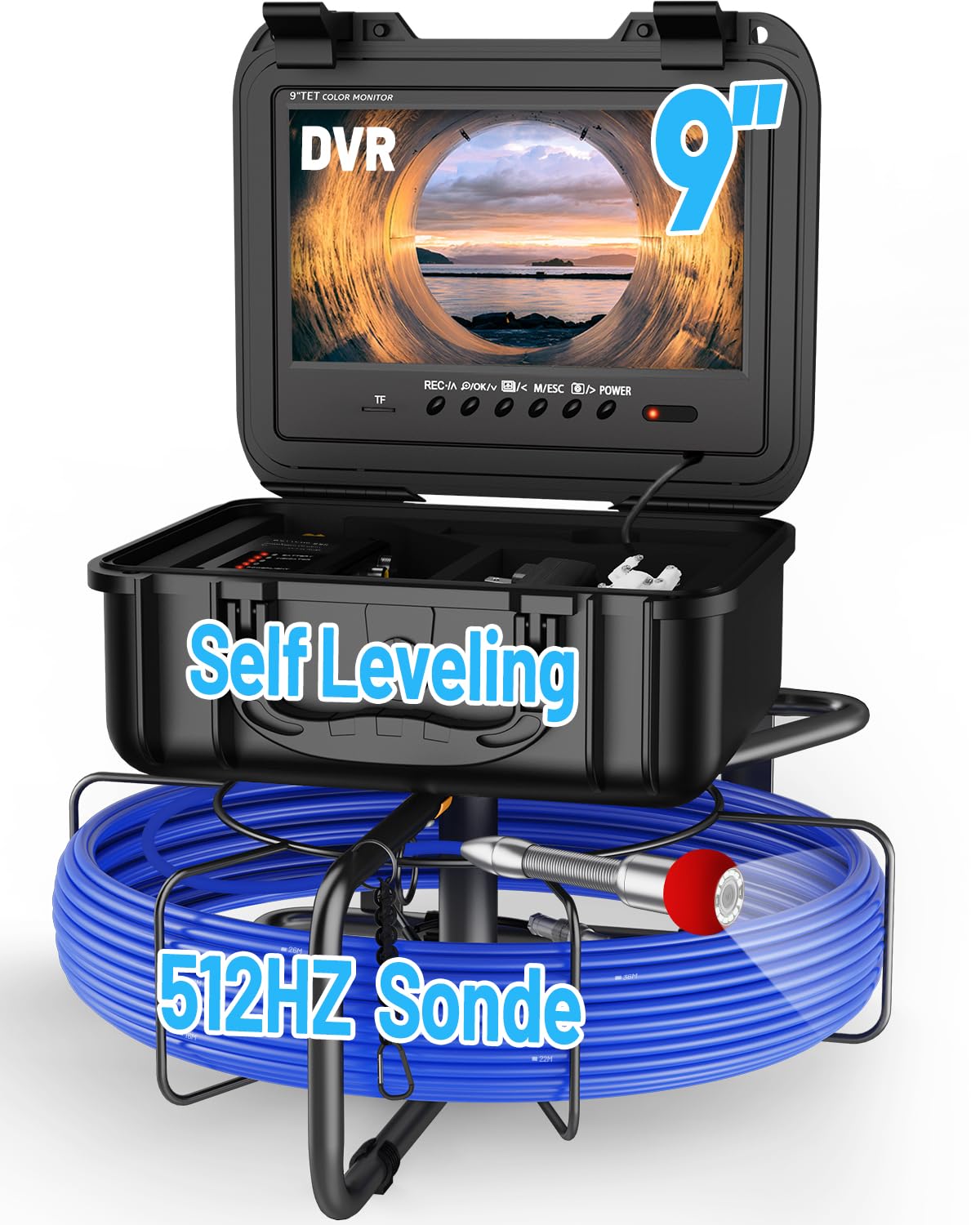 Anysun Sewer Camera with 512hz sonde, Self Leveling Sewer Inspection Camera 100ft with 7MM Cable and Meter Marker, 9'' Monitor and DVR, 12 Adjustable Lights(32GB Card)