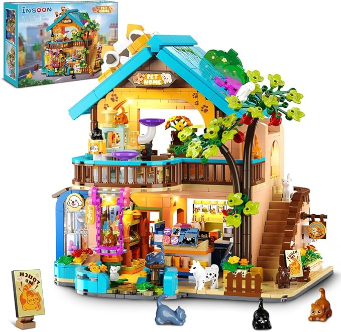 City Pet Shop Building Set with Lights Cozy Pet Store Construction Toy with Cats Dogs Cute Animal Store Miniature House Model Building Block Kit for Adults Kids Boys Girls Ages 8-12+