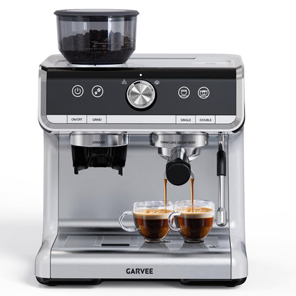 Garvee Espresso Machine, Espresso Machine with Grinder, Brushed Stainless Steel, Espresso Coffee Maker with Milk Frother for Home Barista Commercial Use（White Silver）