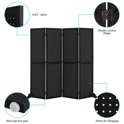 Bonnlo 4 Panel Pegboard Freestanding, 5 FT Portable Display Board Organizer for Craft Show Jewelry, Wooden Folding Privacy Screen Room Divider (with Base, Black)