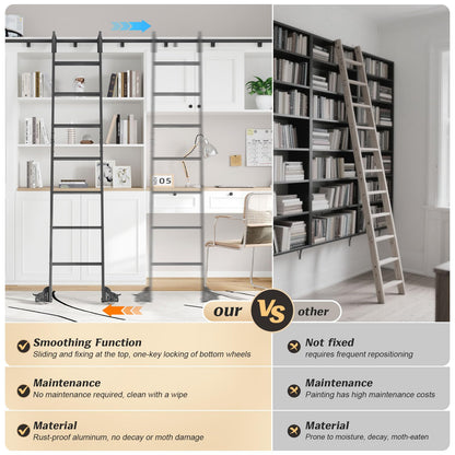 Fredbeck 8ft Rolling Library Aluminium Step Ladder 96" with 4FT Sliding Hardware Track Kit Bottom Wheel Included,for Kitchen,Loft,Warehouses,Bookstore,Atti,Dressing Room,Metal Black