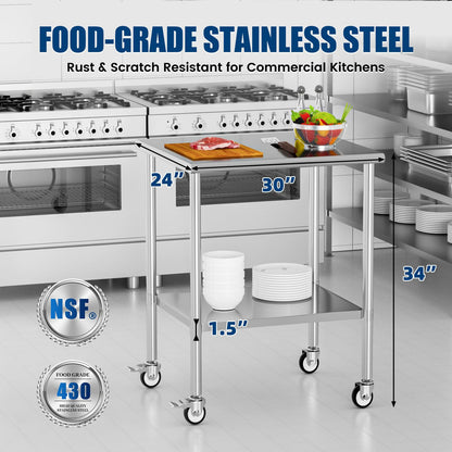 Chingoo Stainless Steel Work Table with Wheels, 24x30 Inch NSF Kitchen Prep Table with Adjustable Undershelf for Commercial Restaurant, Garage, Outdoor BBQ