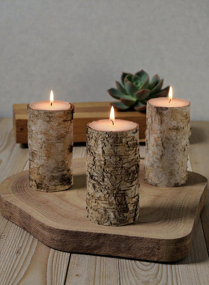 Serene Spaces Living Birch Bark Candle, Set of 3 Medium, Pillar Candle, Ideal for Weddings, Parties, Events, Restaurants, Home Decor, 3" Diameter & 5.75" Tall