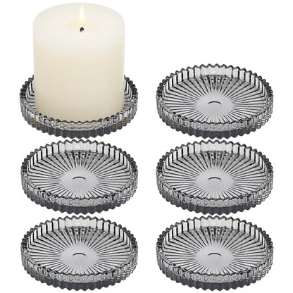CHOCSTAY Glass Pillar Candle Holder, 4" Gray Candle Plates Set of 6, Glass Candle Holders for Wedding, Party, Holiday, Home Decor, Table Centerpiece
