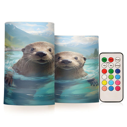 ALAZA Cute Otter Water Flameless Candles, LED Pillar Candles with Remote Timer, Battery Operated Candles Set of 2