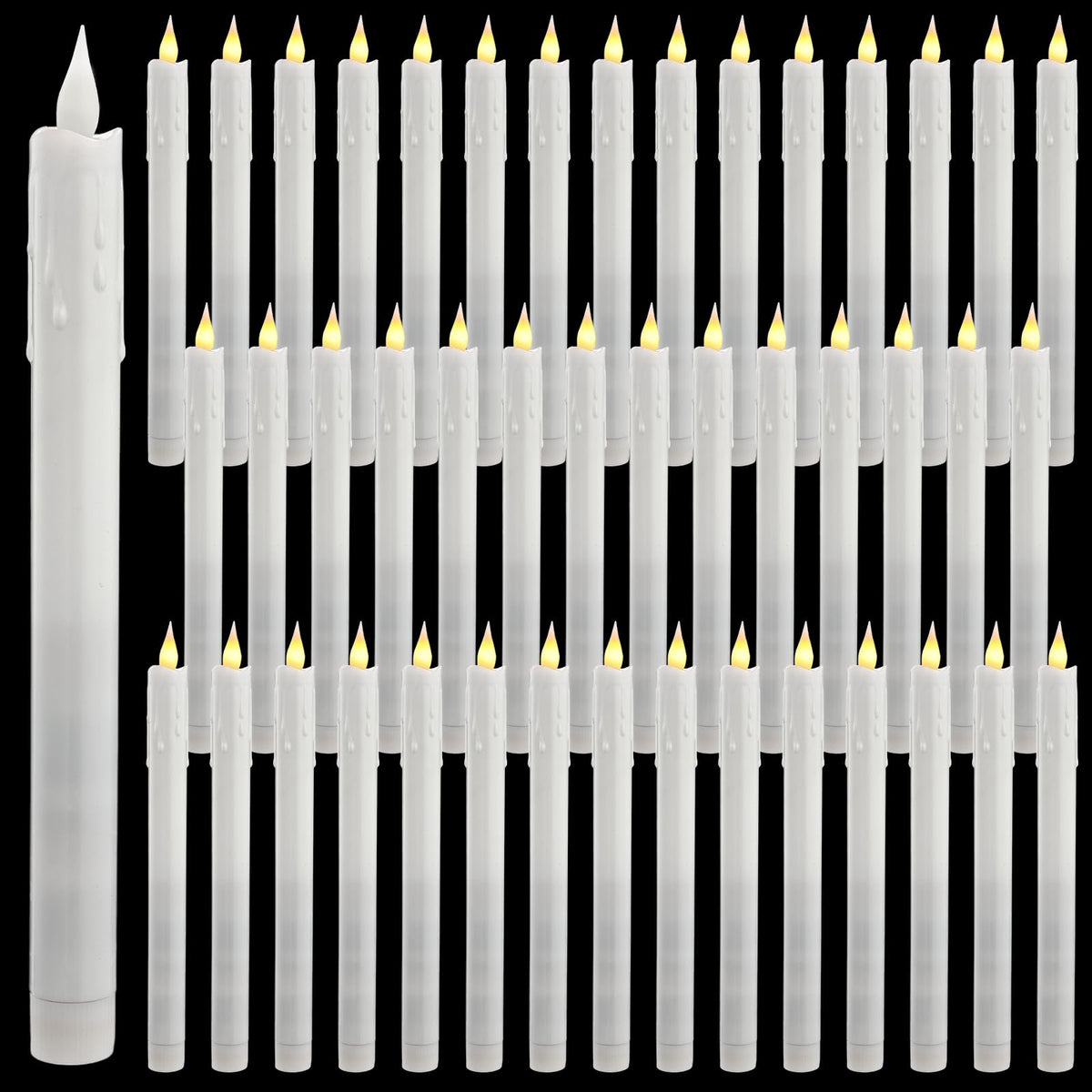 Baquler 50 Pcs 10 Inch White Flameless Taper Candles Dripless Battery Operated LED Flickering Candlesticks Window Candle with 3D Flickering Flame for Wedding Spring Summer Decor