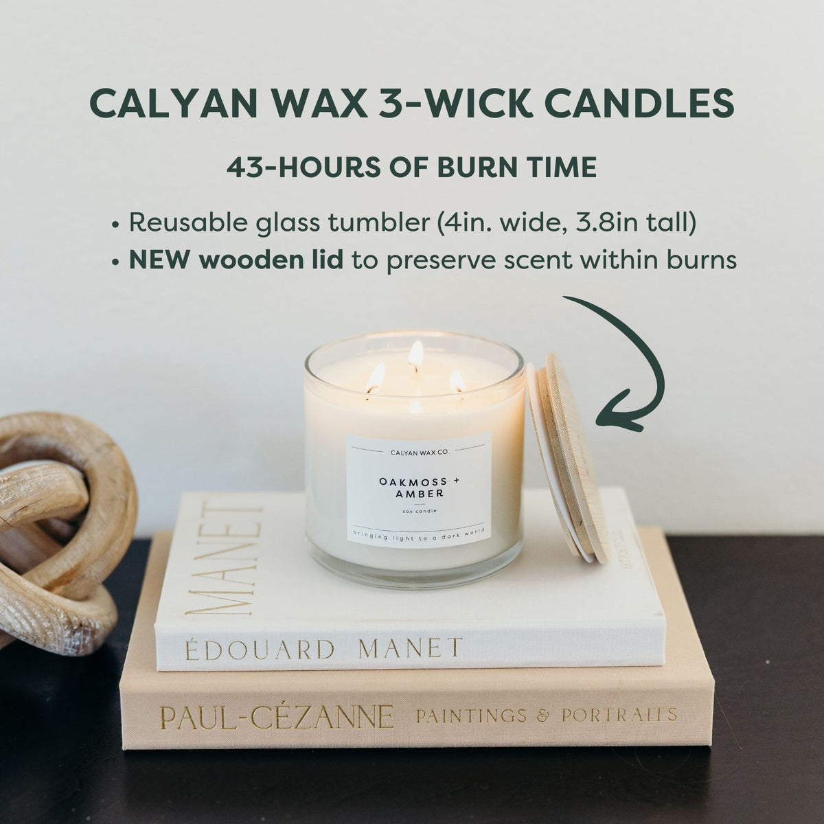 Calyan Wax Co. Cedar & Tobacco 3 Wick Scented Candle - 43 Hour Burn - Luxury 3 Wick Soy Candles - Clean Soy Wax Candles - Long Lasting Large Glass Jar Candle for Home - 14.9oz