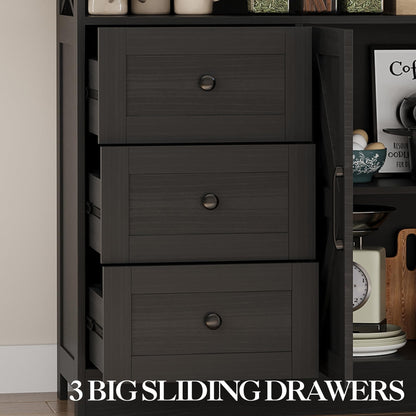 GAOMON 51Inch Sideboard Buffet Cabinet, Wood Rustic Coffee Bar Large Buffet Storage Cabinet with Drawers and Power Outlets Shelves Doors for Dining Kitchen Living Room, Black