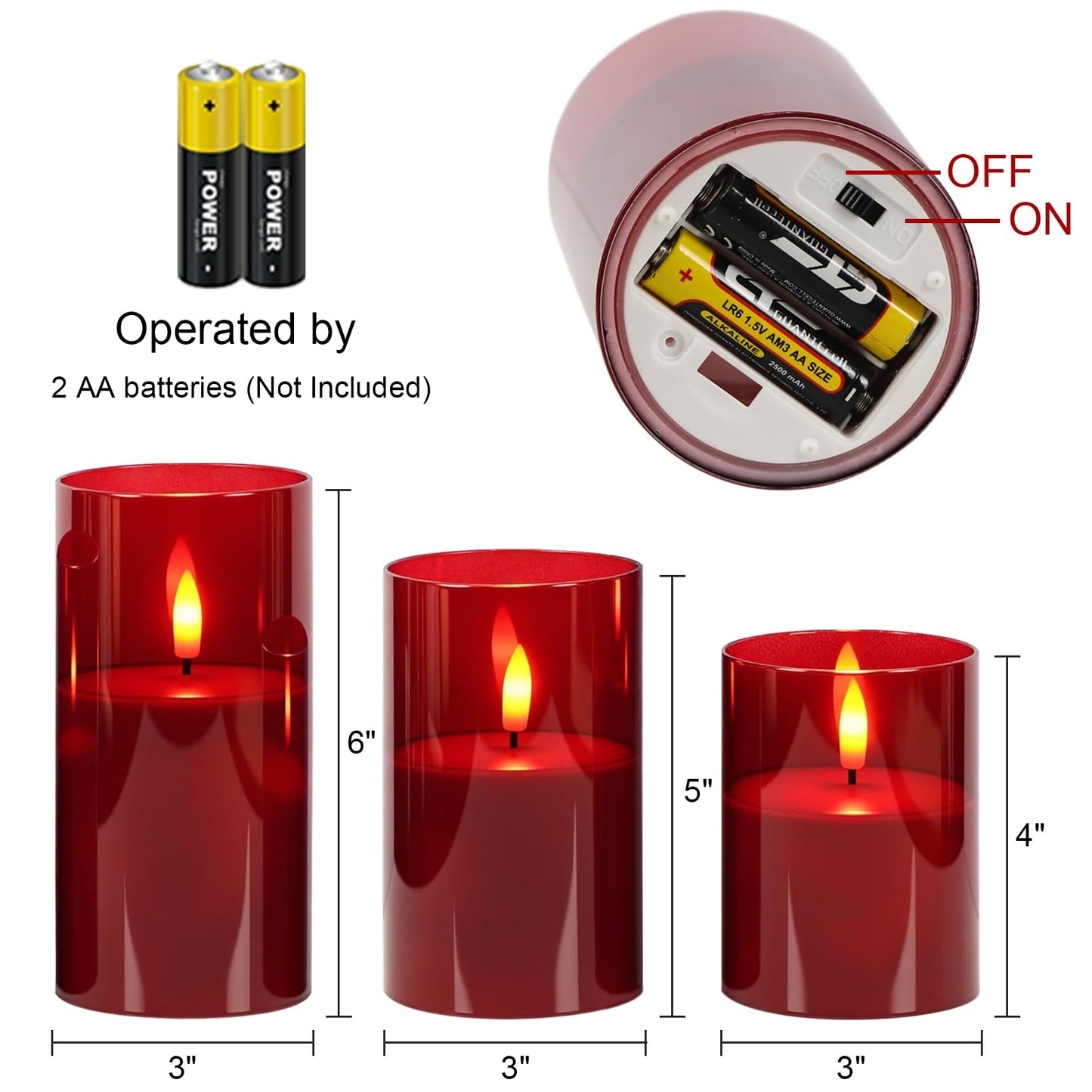 GenSwin Glass Flameless Candles with Remote Battery Operated Flickering LED Pillar Candles Real Wax 3D Wick for Wedding Festival Home Decoration(Red,Pack of 3)