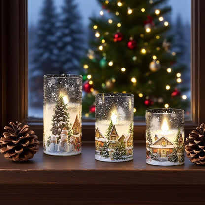 DRomance Snowman House Glass Flameless Candles Battery Operated with Remote and Timer Real Wax LED Flickering Pillar Candles Cold White Light Window Christmas Holiday Decor 3" D x 4", 5", 6" H
