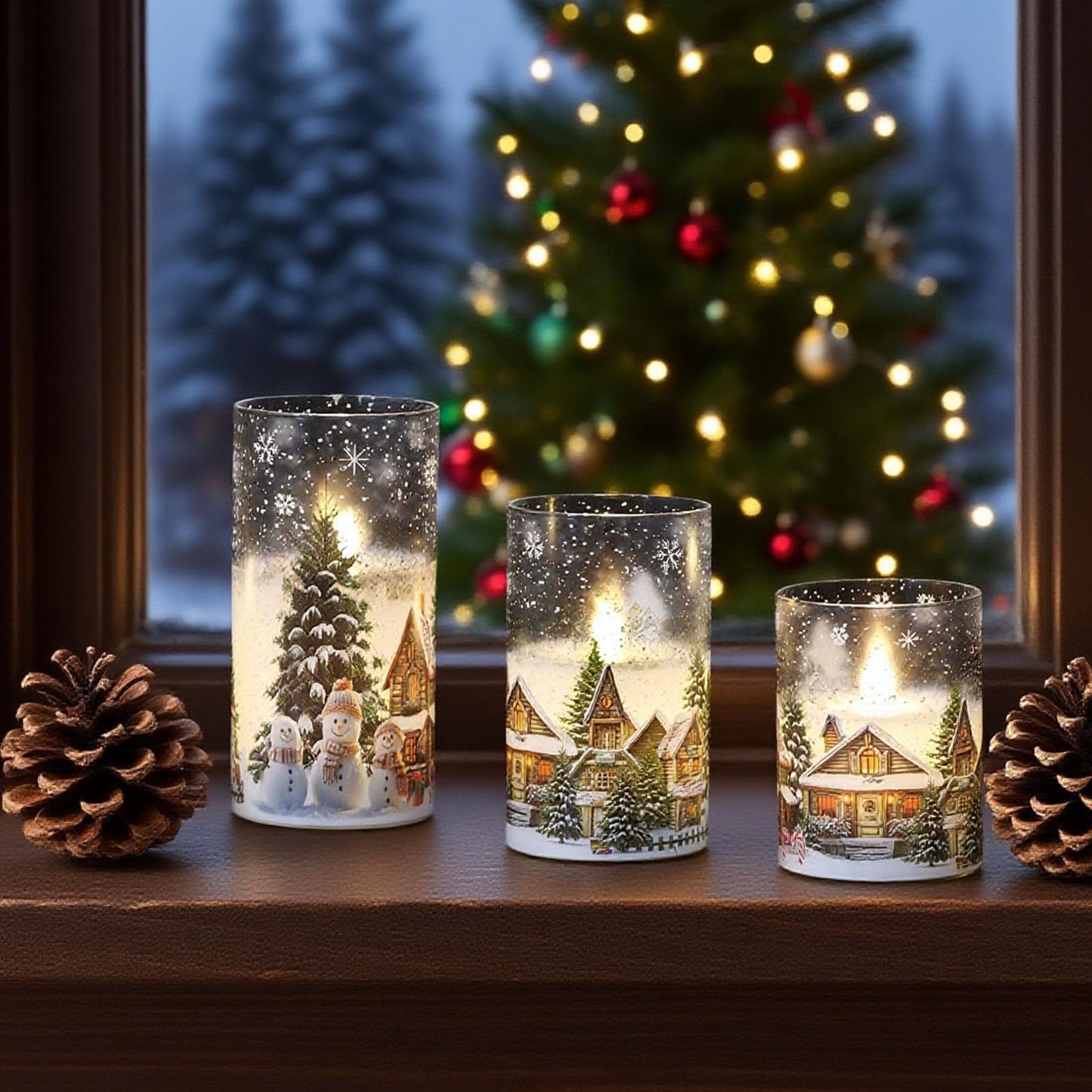 Lasumora Snowman Family and Snowy Cabin Scene Themed Glass Flameless Candles with Remote Timer, Battery Operated LED Pillar Candles Real Wax for Home Décor Christmas Gifts, D3”x H4” 5” 6”