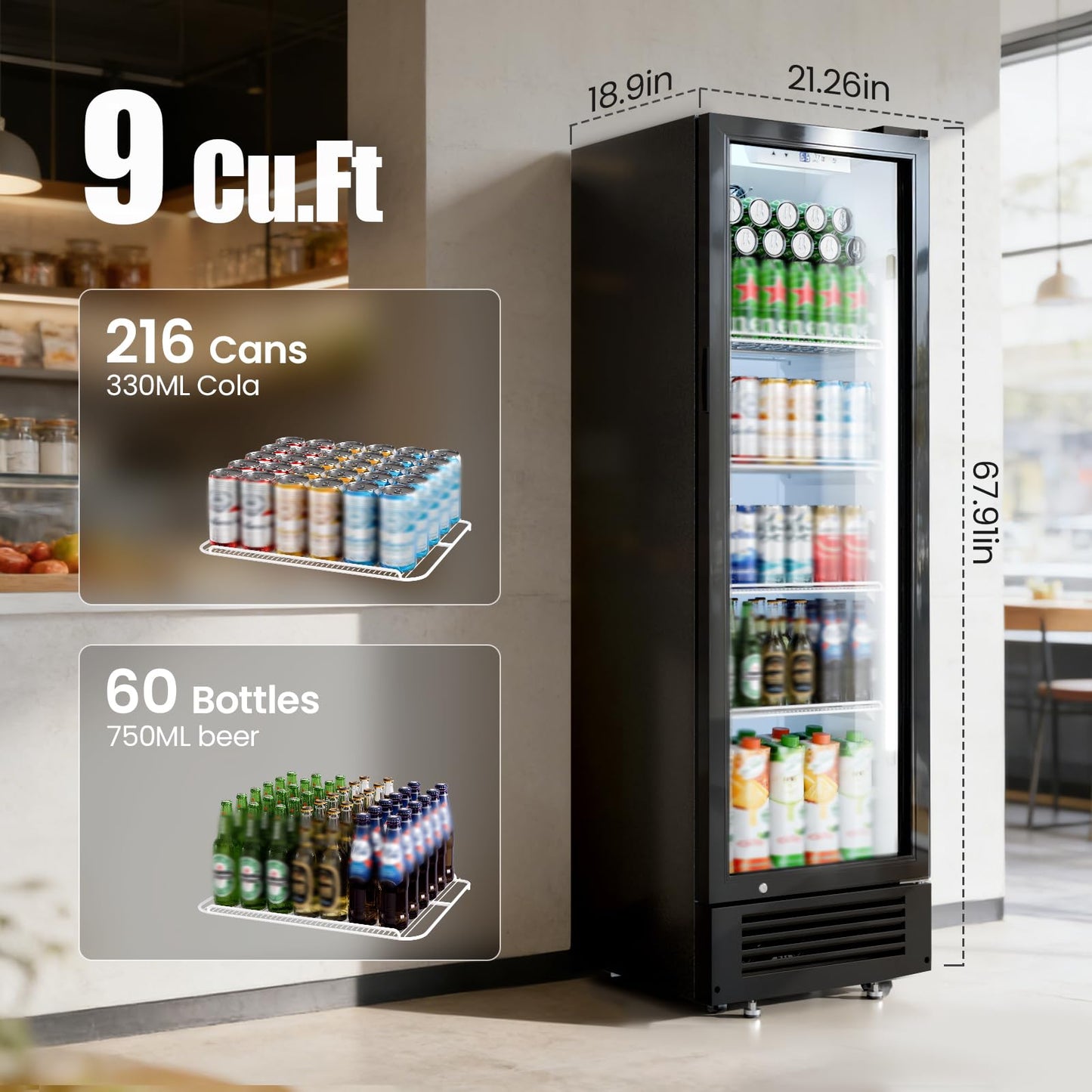 Kismile 9 Cu.Ft Large Commercial Refrigerator, Beverage Refrigerator with Wheels, Lock & Key, Adjustable Shelves, Double-Tempered Glass Drink Fridge for Bar, Restaurant, Home or Outdoor