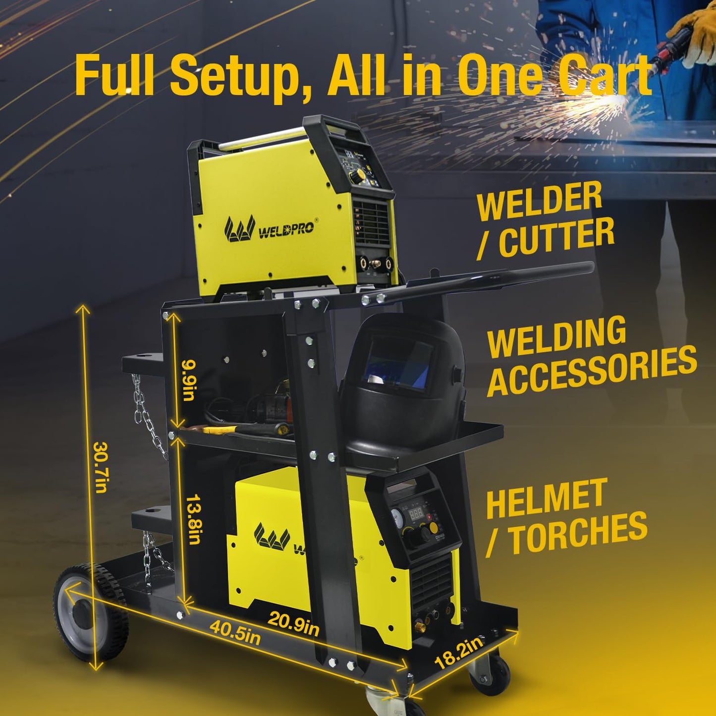 Weldpro 3-Tier Heavy Duty Welding Cart, Welder Cart for MIG/TIG Welder & Plasma Cutter, 400Lbs Capacity Rolling Welding Trolley with 360°Swivel Wheels & Safety Chains