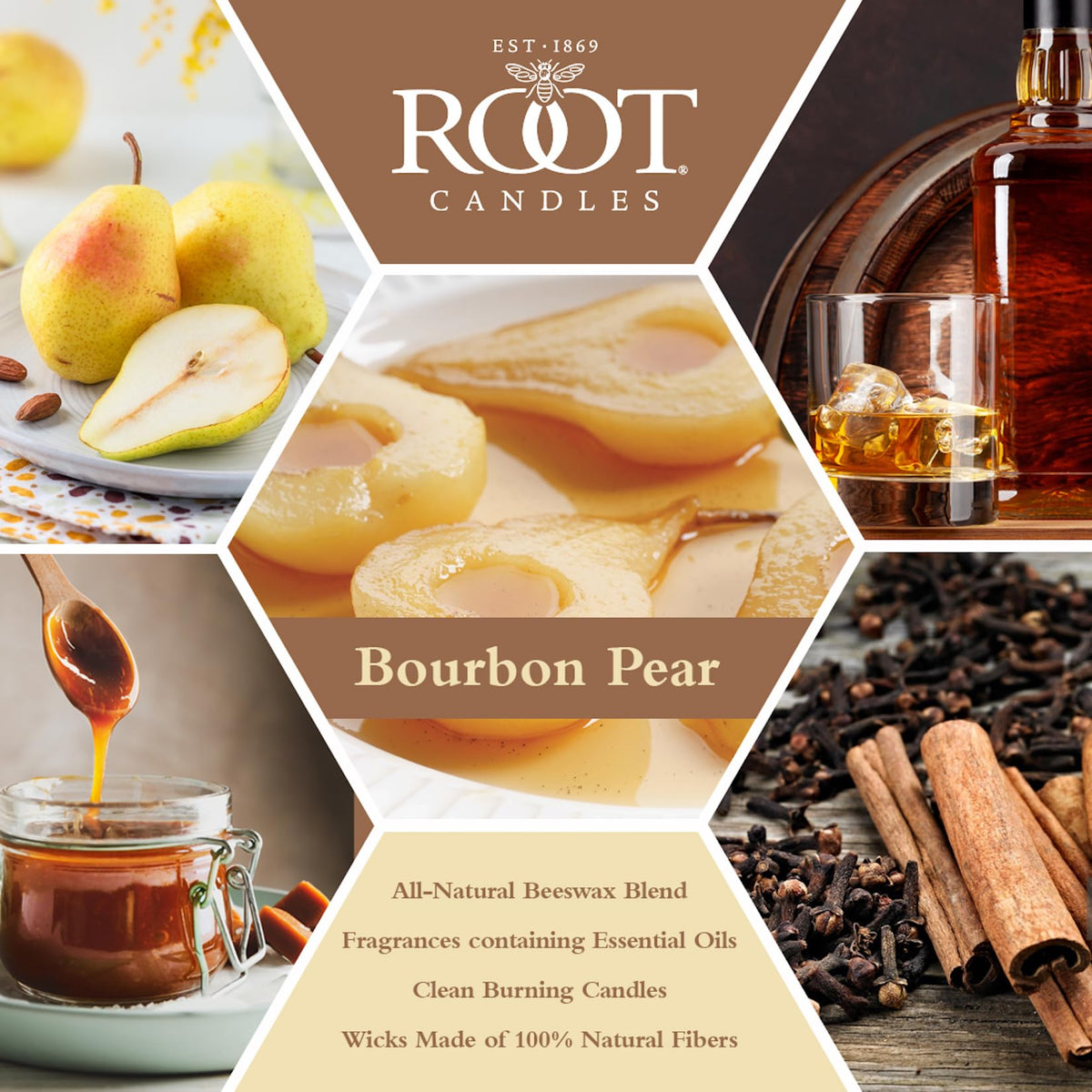 Root Candles Fall Scented Candles Honeycomb Premium Handcrafted Beeswax Blend Candle, Large Veriglass, Bourbon Pear