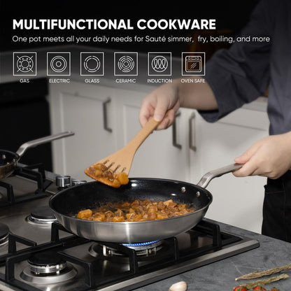 GLOBEHOME 5 Ply Ceramic Non Stick Frying Pans - 10 Inch Stainless Clad Nonstick Skillet, Non Toxic, PTFE & PFOA FREE, Professional Cookware for Induction, All Stoves and Oven up to 650°F