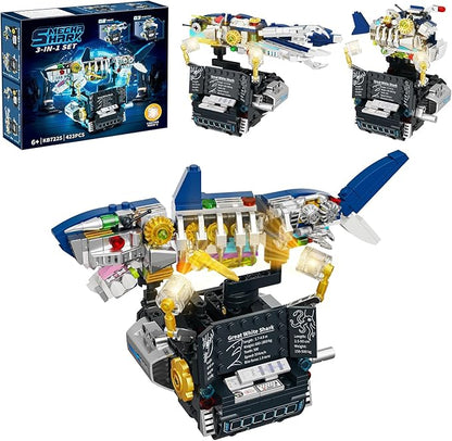 Mechanical Shark 3 in 1 Building Set 423pcs Compatible with Lego Shark Lantern Fish Octopus Models Deep Sea Ocean Kit Interactive Moving Base with Handle Control STEM Educational Toy for Kids 6+