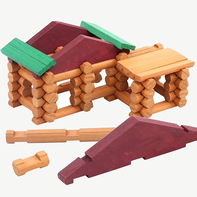 Wondertoys 90 Pieces Classic Wood Cabin Logs Set Building Log Toy for Children Farm House Construction Educational Toys for 3 4 5 6 Years Old