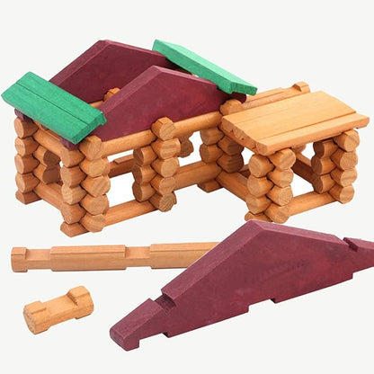 Wondertoys 90 Pieces Classic Wood Cabin Logs Set Building Log Toy for Children Farm House Construction Educational Toys for 3 4 5 6 Years Old