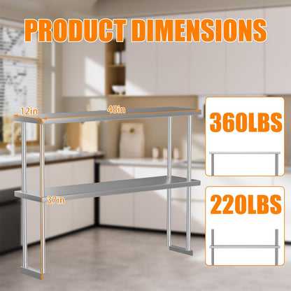 GarveeHome Heavy Duty Stainless Steel Double Overshelf for Commercial Kitchen - 2-Tier Adjustable Shelf (12 in x48 in) - 360 LB Capacity - Restaurant Prep Table, Workbench, Home & Garage Storage Rack