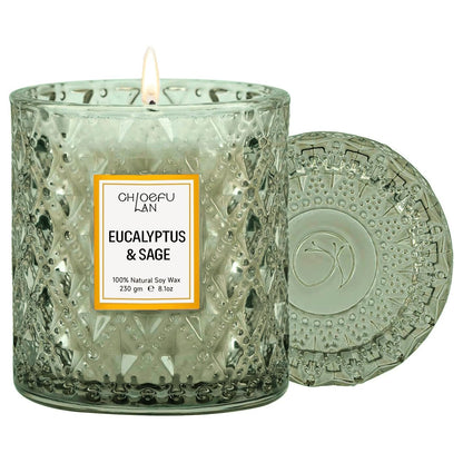 Chloefu LAN Eucalyptus & Sage Scented Candles Luxury Candle with up to 55 Hour Long Lasting, Highly Scented, 100% Soy Wax, 8.1oz, Beautiful Candles, Ideal for Home Decor and Gifts