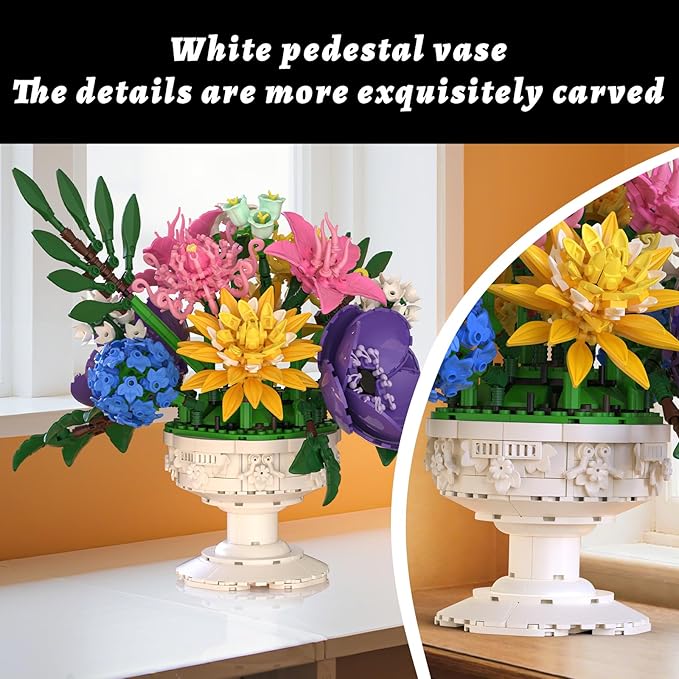 Flowers Bouquet Botanicals Collection Building Sets with Vase Artificial Flowers Arrangement Building Toys Pretty Home Decor Table Decor Birthday Gifts for Women Gf Adults Girls Age 14+ (1081 PCS)