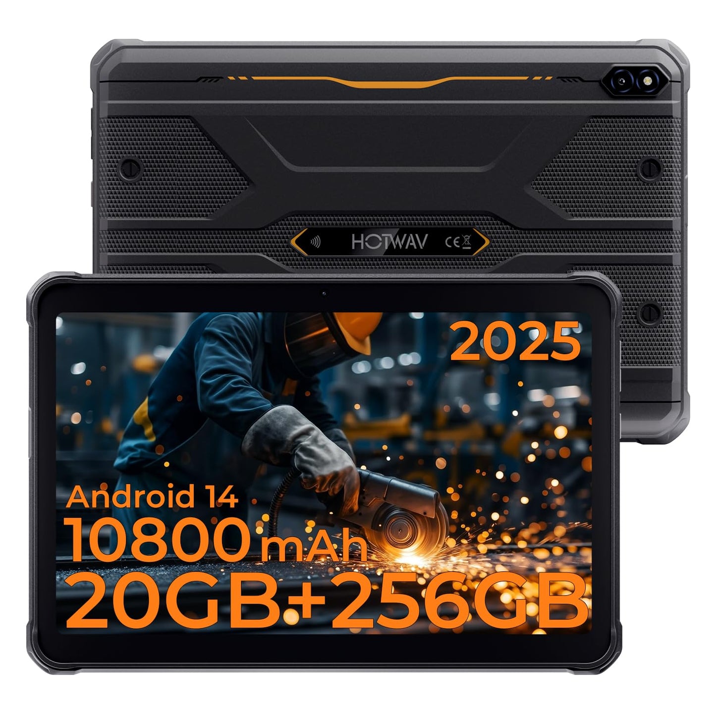 HOTWAV R10 Pro Rugged Tablet Android 14-10.1 Inch HD+ 10800mAh Waterproof Tablet, 20GB RAM+256GB ROM/1TB TF Work Tablets, 13MP+5MP Camera Octa-Core IP68&IP69K/4G-LTE/5G WiFi/Face ID/GPS/OTG