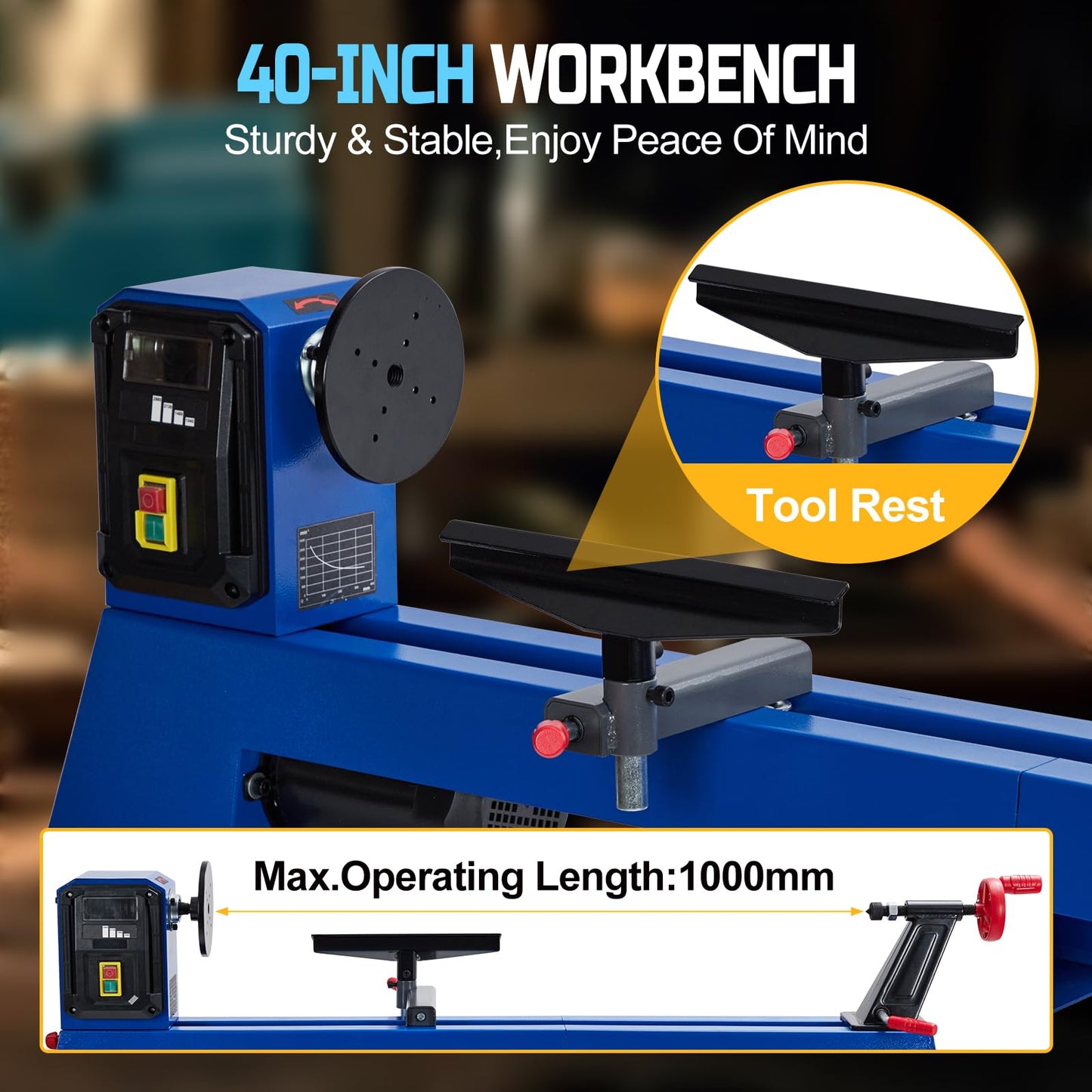 GarveeTech Wood Lathe, 14 in x 40 in, Power Wood Turning Lathe 400W, 4 Speed 1040/1480/2130/2980RPM, Benchtop Wood Lathe for High Speed Sanding and Polishing of Finished Work