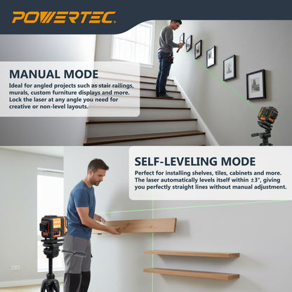POWERTEC LE3360V 3×360° Laser Level, Self-Leveling with Remote Control & Lift Platform, USB-C Rechargeable – For Construction, Tiling, Framing, Drop Ceilings, Cabinets & DIY Projects