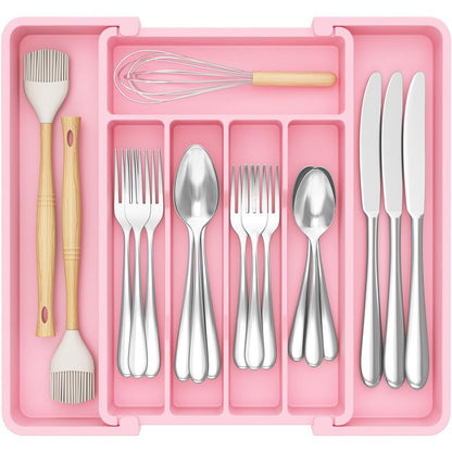 Lifewit Silverware Drawer Organizer, Expandable Utensil Tray for Kitchen, BPA Free Flatware and Cutlery Holder, Adjustable Plastic Storage for Spoons Forks Knives, 8.5"-14.1" x 12.1", Pink
