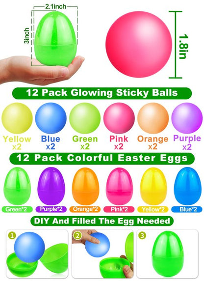 Easter Egg Fillers, 12 Pack 3" Large Filled Easter Eggs Glow in The Dark Sticky Ceiling Balls Stress Relief Fidget Toys for Kids Boys Girls Toddlers Teens Easter Basket Stuffers Hunt Party Favor Gifts