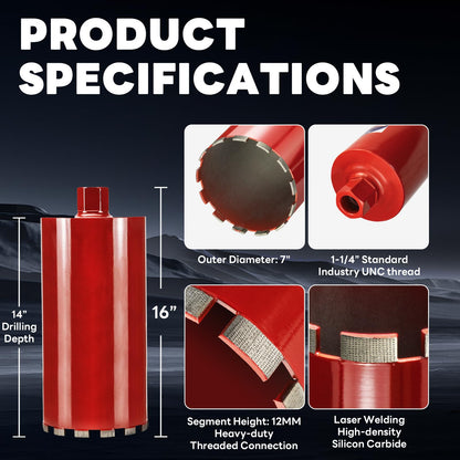 DaduoRi Premium 7" Wet Core Drill Bit for Hard Concrete with High-Density Diamond, Precision-Welded Segments, 1-1/4"-7 Thread x 14" Depth, Industrial Grade for Concrete Rebar, Brick, Masonry, Pavers