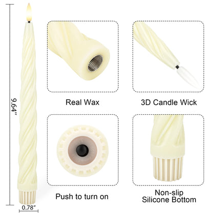 AFINETH Flameless Taper Candles with 3D Wick, 9.6" Real Wax LED Candles with Remote and Timer, 3 Pack Flickering Candlesticks Battery Operated, Spiral Taper Candle for Home, Wedding, Party, Ivory