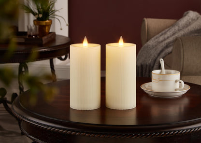 CozierGlow Flameless Pillar Candles Flickering with Remote Timer, Battery Operated LED Candles Up to 400 Hours, 3D Moving Flame Real Wax Candles. (Ivory Vertical Stripe-2 Pack)