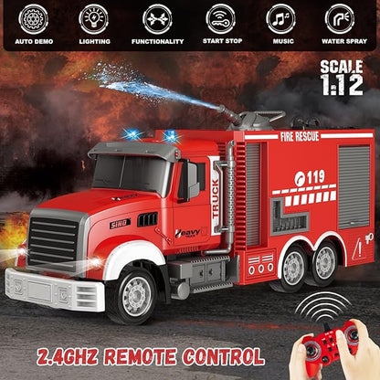 RC Fire Truck Toy - Remote Control Toy Fire Truck - Rescue Fire Engine 11 CH with Rotating Water Spraying Pump Lights Sounds 2.4G Firetruck Toy for Kids Boys