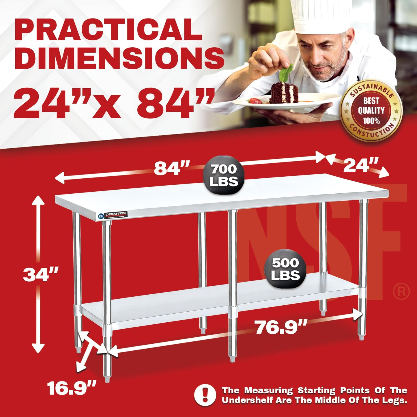 DuraSteel 24x84 Stainless Steel Work Table - NSF Commercial Prep Metal Table - Outdoor Pizza Oven Stand w/Under Shelf - Kitchen Island Laundry Utility Garage Microwave Stand Large Rolling Storage Cart