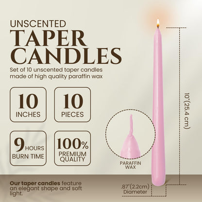 (Pack of 10) Taper Candles Pink -10 Inch Dripless, Smokeless & Unscented - Tall Candlesticks - 9 Hour Burn Time - Tapered Candles for Weddings, Dinner Parties, Home Decor, Birthday Party