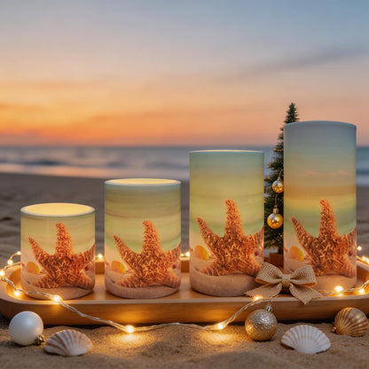 Aulaygo 4PCS Summer Starfish Flameless Candles with Timer Remote Control,LED Pillar Candles Set Battery Operated for Wedding Beach Party Holiday Home Decor