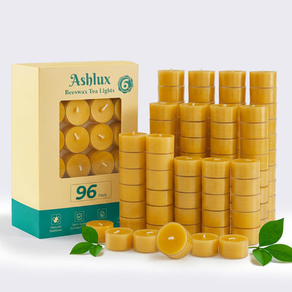 Beeswax Candle Set -96 Pack Tea Lights + 24 Pack Taper Candles + 6 Pack Pillar Candles | Unscented Dripless Smokeless Clean Burning Long Lasting Candles