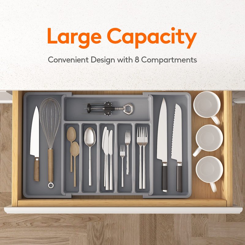 Lifewit Silverware Drawer Organizer, Expandable Utensil Tray for Kitchen, BPA Free Flatware and Cutlery Holder, Adjustable Plastic Storage for Spoons Forks Knives, 13-22 x 15", Grey