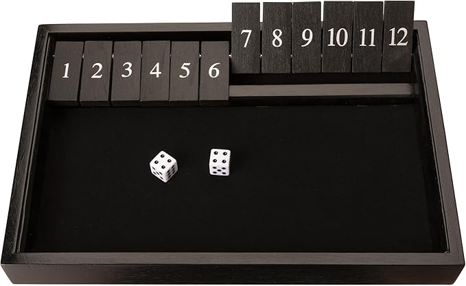 WE Games Wooden Shut The Box - Close The Box Set Pub Game with 12 Number Tiles &amp 2 Dice Games - 13.5” Black Stained Finish for Adults