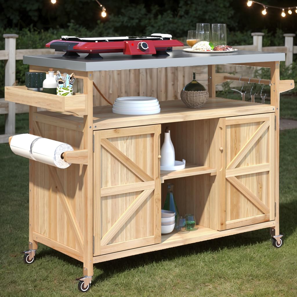 ABBSR Outdoor Grill Cart with Stainless Steel Top, BBQ Grill Prep Table with Cabinet, Wood Rollling Outside Kithen Island with Storage for Outdoor Cooking Garden Patio Backyard Parties(Natural)