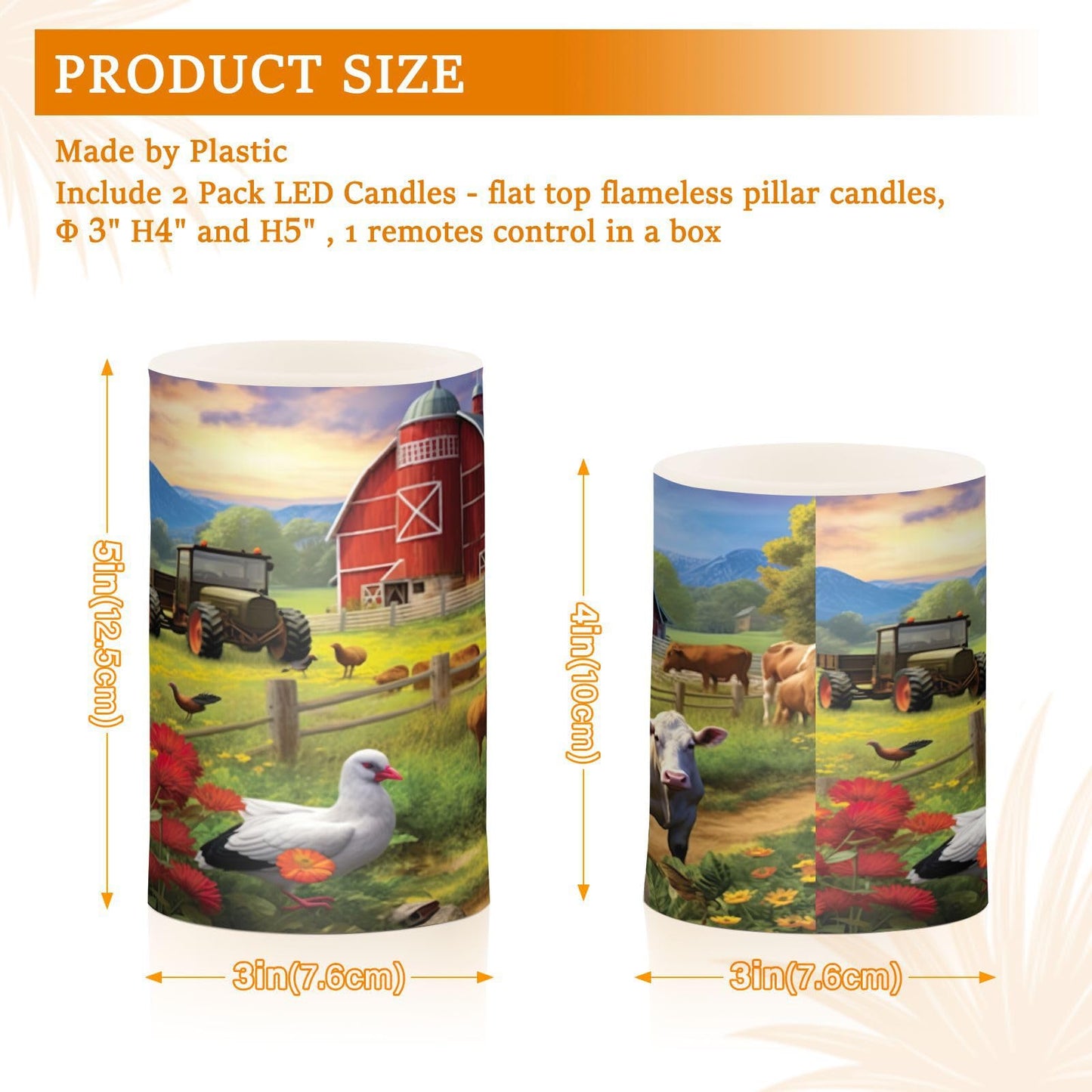 GOODOLD Flameless Candles with Remote Control and Timer, Farm Animals Pattern Flickering Candles Battery Operated LED Pillar Candles, Warm Light for Home Decor, Set of 2 (D 3" x H 4" 5")