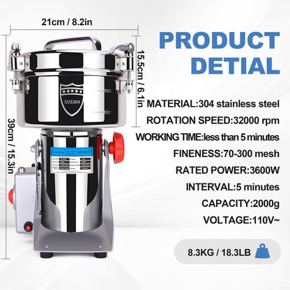 Greatrue 2000g Electric Grain Mill Grinder, 304 Stainless Steel Flour Mill, 3600W High Speed Spice Grinder, Electric Grain Mill for Dry Wheat, Oats, Corn, Pepper and Coffee Beans