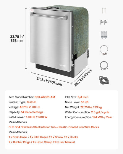 VEVOR 24 Inch Built-In Dishwasher, Stainless Steel Tub, 14 Place Settings and 8 Washing Programs, 23.82 x 25.2 x 33.78 Inch Low-Noise Dishwashing Machine with Upper/Lower Racks and Zoned Storage