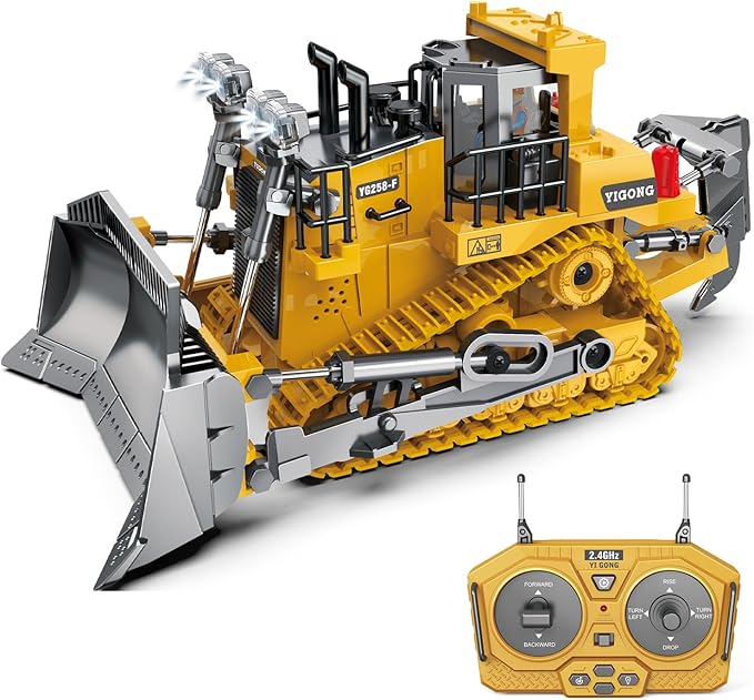 Remote Control Bulldozer - 11 Channel RC Dozer Front Loader Toy with Light and Sound - 1/24 Full Construction Vehicle Toys for Kids Age 6 7 8 9 10 and Up Years Old