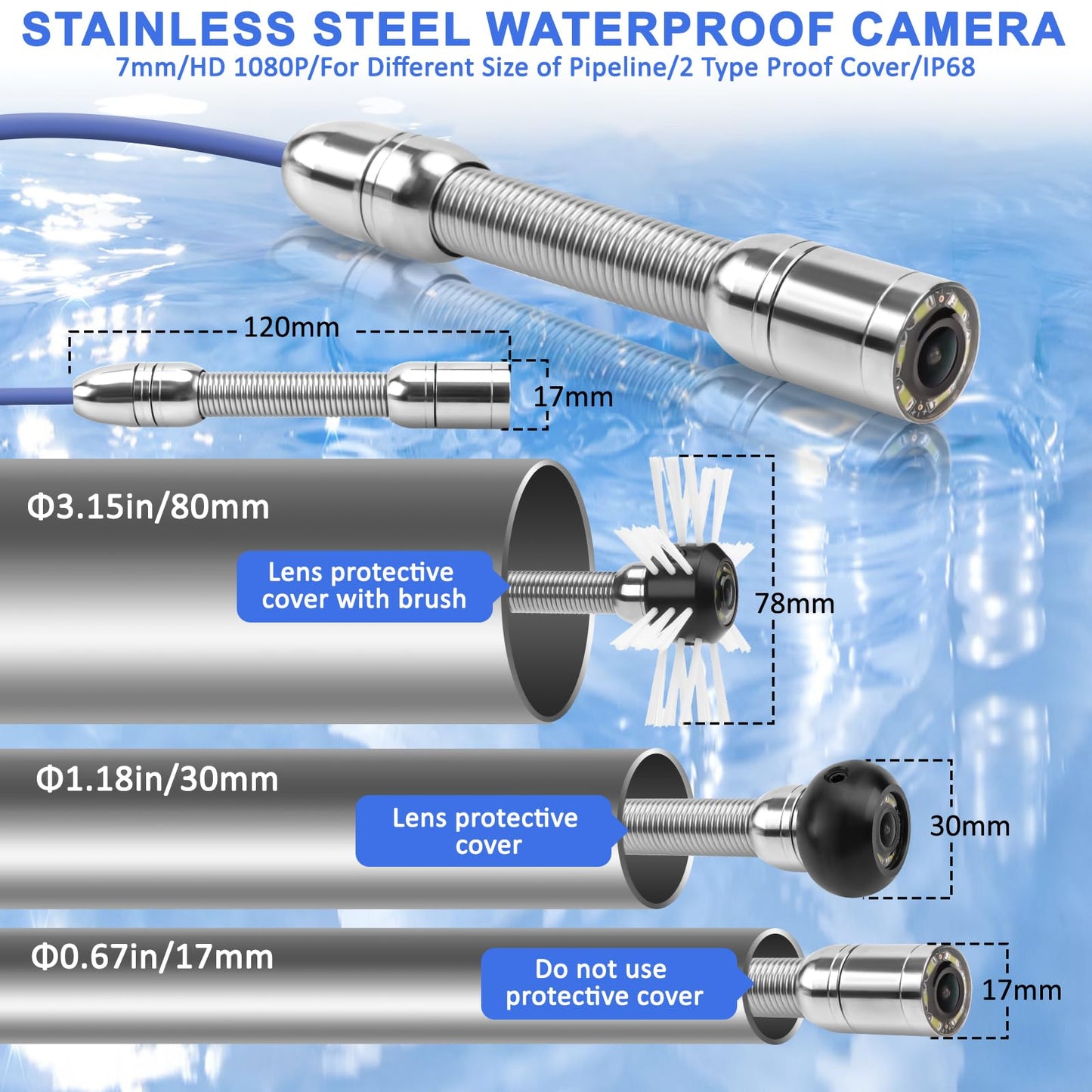 Sewer Camera,Pipe Drain Inspection Camera with DVR, Plumbing Snake Camera with Light, 7'' HD 1080P IPS Screen,16X Digital Zoom,32GB Card,100FT/30M,IP68 Waterproof Borescope for Industrial Plumber