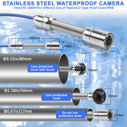Sewer Camera,Pipe Drain Inspection Camera with DVR, Plumbing Snake Camera with Light, 7'' HD 1080P IPS Screen,16X Digital Zoom,32GB Card,100FT/30M,IP68 Waterproof Borescope for Industrial Plumber