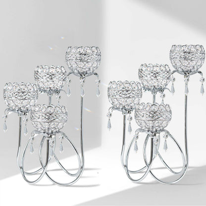 4 Arms Crystal Candelabra Tealight Holder - Tall 15.7 Inch Elegant Tabletop Centerpiece with Crystal Pendant Bowls & Artistic Metal Stand for Wedding, Dining Table, Home Decor (2, Silver)